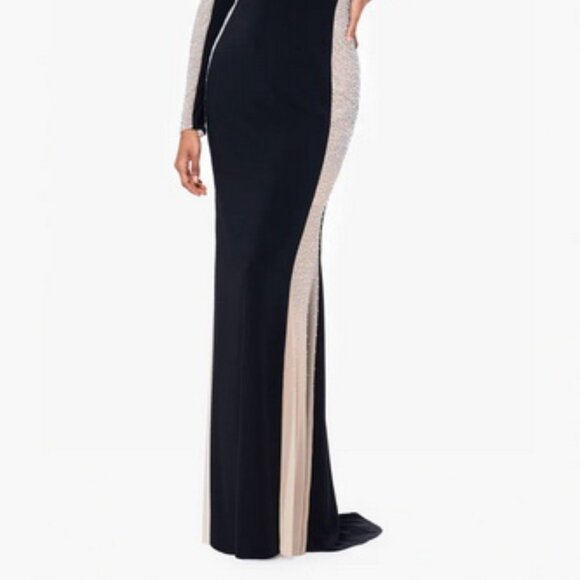 Xscape Black Nude Bead Detail Long Sleeve One Shoulder Gown - Picture 6 of 6